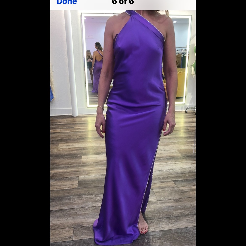 Michelle Mason one shouldered purple embellished formal dress